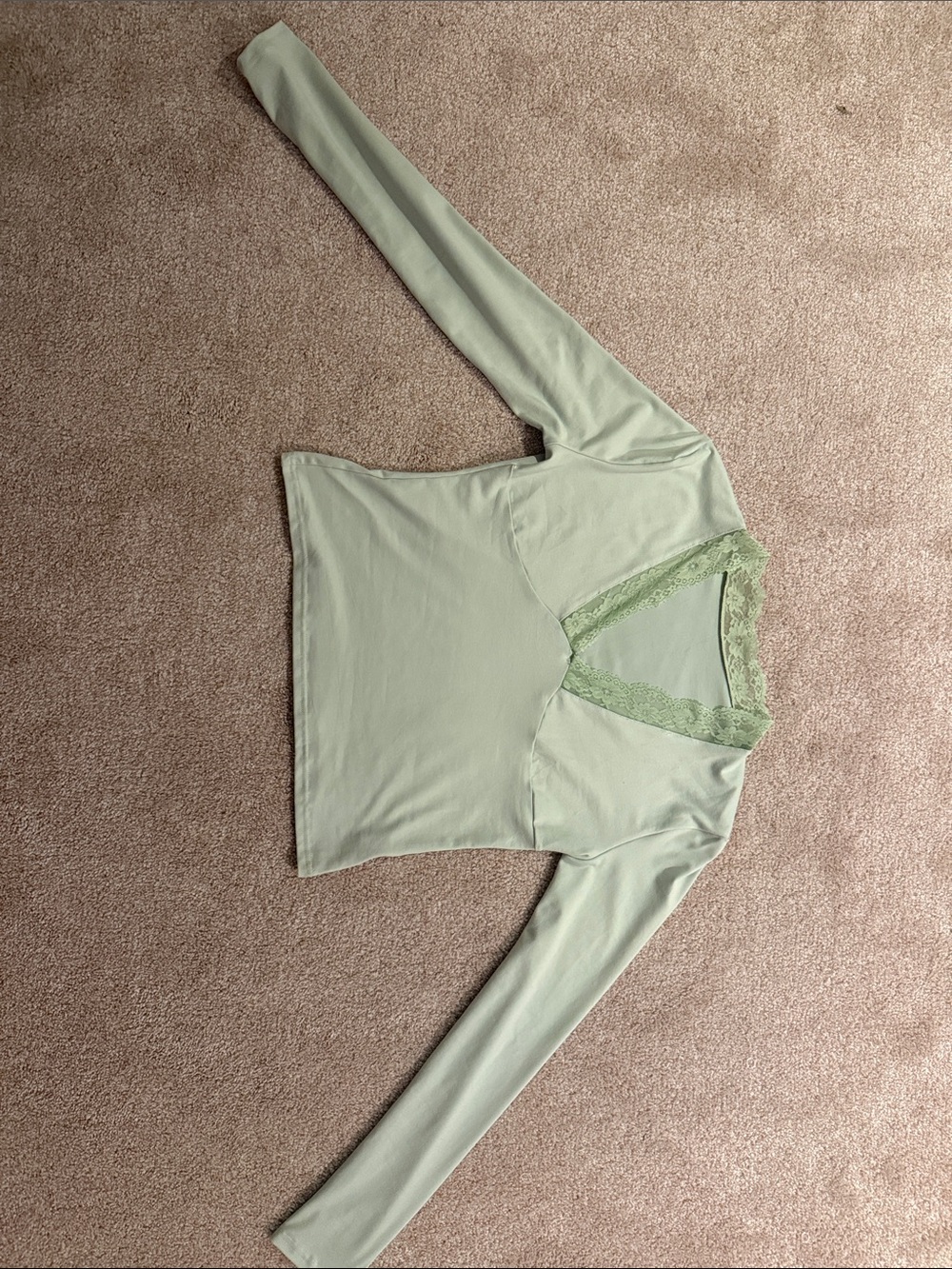 Women's Sage Green Long Sleeve V-Neck Lace Trim Top